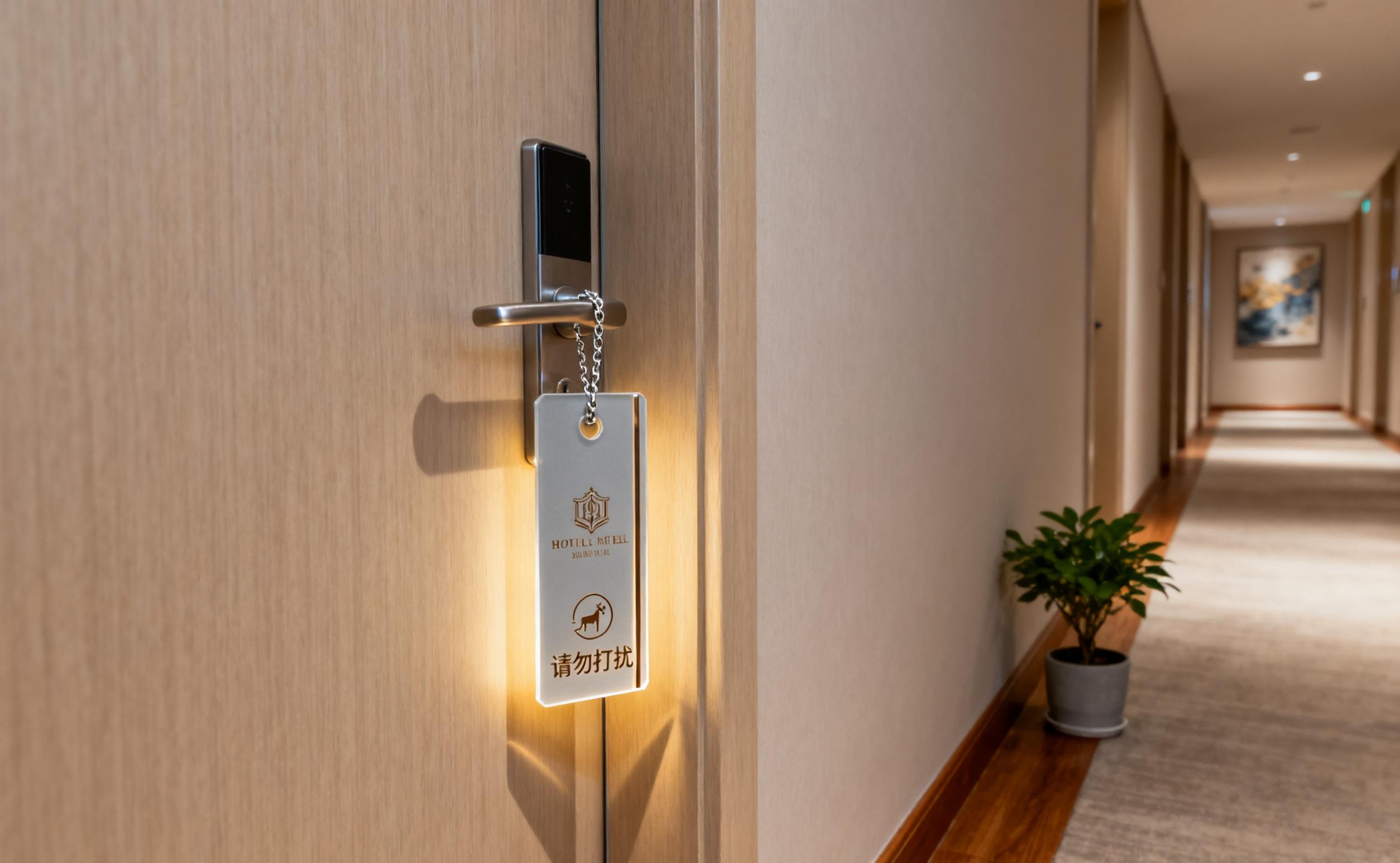 Hotel room door with custom door hang tag